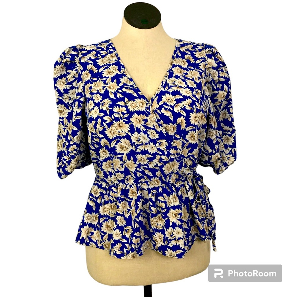 WEEK V-Neck Peplum Top Womens Size M Floral Blue short puffed sleeve pre owned